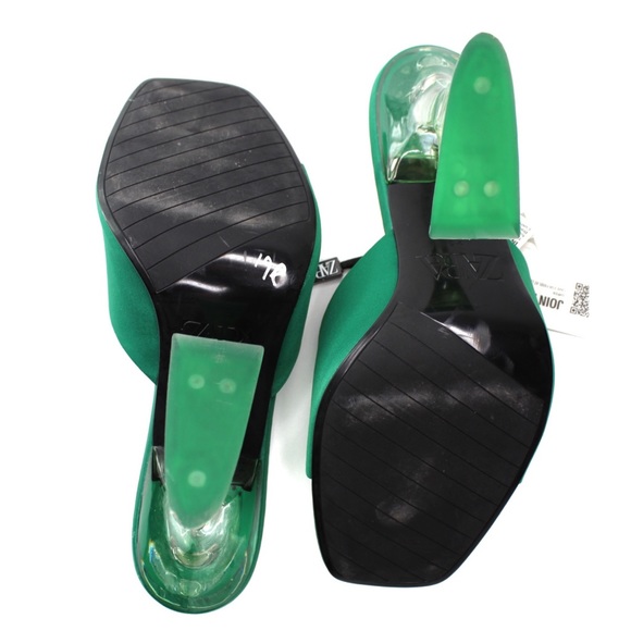 Zara NWT Green Satin Strap Clear Assymetrical Vinyl Green Heels Size 6.5 / 37 - Picture 13 of 14